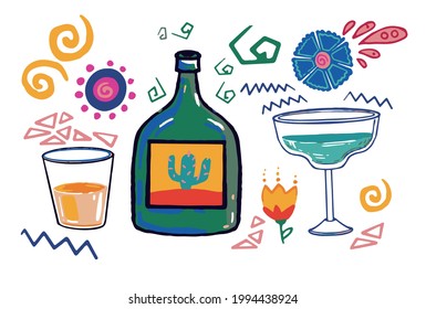 Decorative image of Mexican drinks, a bottle with a cactus.
Vector. Decorative symbols and flowers.