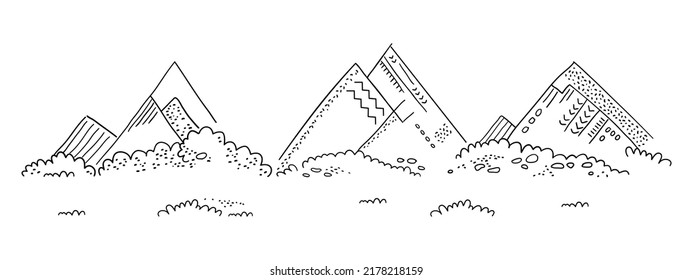 Decorative image of mountains and bushes. Vector stylized drawing on the theme of mountain tourism and nature.