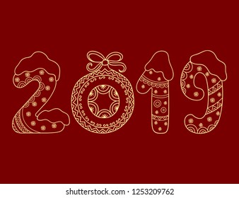 Decorative image of number 2019 in cartoon style for greetings with New Year. Pattern in form of figures, Christmas tree ball, bow and snowflakes.