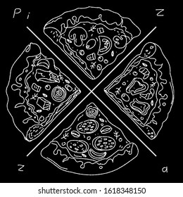 Decorative image of pizza.  Linear drawing on a black background.