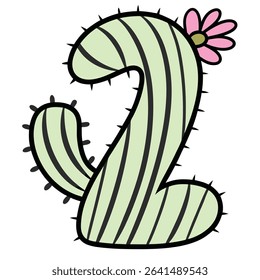 Decorative image shows a light green cactus with dark green stripes, outlined in black. It's decorated with a pink flower and has black thorns, isolated on white.