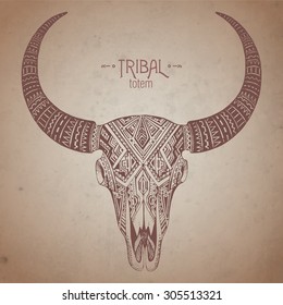 Decorative indian bull scull in tribal style on grunge background. Hand drawn vector illustration.