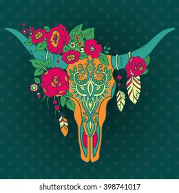 Decorative Indian bull skull with ethnic ornament, feathers, flowers and leaves. Colorful hand drawn vector illustration. 