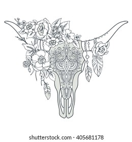 Decorative Indian bull skull with ethnic ornament, feathers, flowers and leaves. Hand drawn vector illustration for tattoo, print on t-shirt.