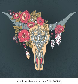 Decorative Indian bull skull with ethnic ornament, feathers, flowers and leaves. Colorful hand drawn vector illustration with grunge background