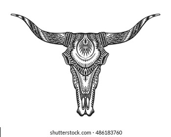 Decorative Indian bull skull. Hand drawn vector illustration