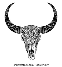 Decorative Indian bull skull in tattoo tribal style. Hand drawn vector illustration