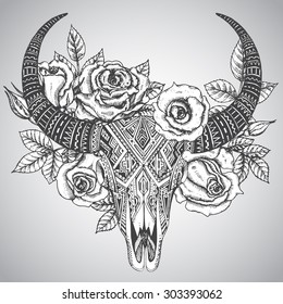 Decorative Indian bull skull in tattoo tribal style and flowers roses   leaves  Hand drawn vector illustration 