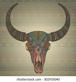 Decorative indian bull skull in tribal style on ornamental background. Hand drawn vector illustration