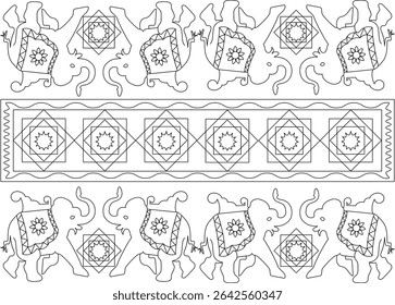 Decorative Indian Elephants and Pattern Border Line Art, Line art illustration featuring stylized Indian elephants adorned with traditional patterns and floral motifs, presented alongside a separate