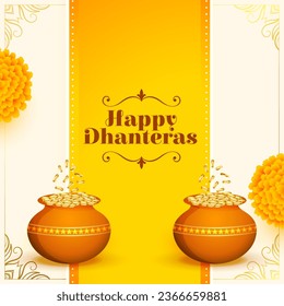 decorative indian festival dhanteras wishes background with coin pot and marigold vector