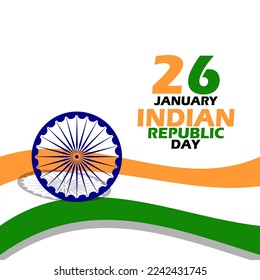 Decorative Indian flag with bold text on white background to commemorate Indian Republic Day on January 26 in India