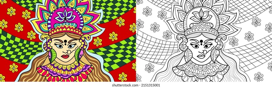 Decorative  Indian goddess coloring book page illustration for adults art drawing relaxing 
