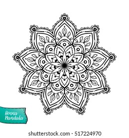 Decorative indian henna mandala. This illustration can be used as a print on T-shirts, bags, tattoo, badges or patch Coloring book for adult. Outline drawing coloring page.