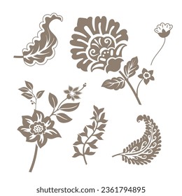Decorative Indian ornament element. Isolated on white background, one color. Monochrome silhouette ornament element. Ethnic floral swirl, isolated element. Set vector elements