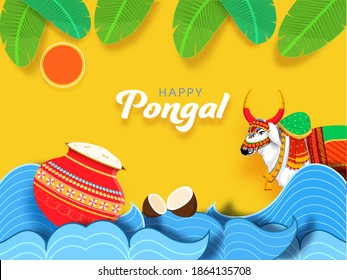 Decorative Indian Ox Character With Pongali Rice Mud Pot, Coconut, Surya (Sun) God, Paper Waves And Leaves On Yellow Background For Happy Pongal.