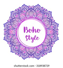 Decorative Indian round lace frame in mandala style. Vintage vector pattern filled with white on transparent background. Hand drawn abstract colorful background. Invitation, wedding card, scrapbooking. Tattoo design. Copy space