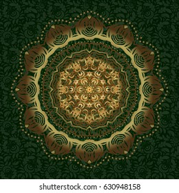 Decorative Indian Round Mandala on green background. Vintage Gold Pattern. Islam, Arabic, Indian, Turkish, Pakistan. Invitation Card, Scrapbooking. Christmas Card Mandala Design. Gold Over green.