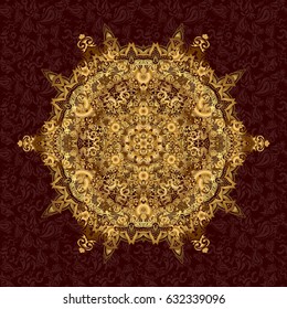 Decorative Indian Round Mandala on brown background. Christmas Card Mandala Design. Invitation Card, Scrapbooking. Gold Over brown. Islam, Arabic, Indian, Turkish, Pakistan. Vintage Gold Pattern.