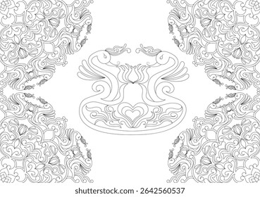 Decorative Indian Style Swirls and Swans Line Art Pattern, Intricate black and white line art illustration featuring decorative swirls, floral elements, swans, and a central heart motif. Inspired by