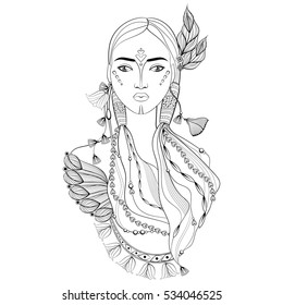 Decorative Indian Woman in doodle zentangle style. Hand drawn Vector illustration. Sketch for adult coloring page, t-shirt design, tattoo