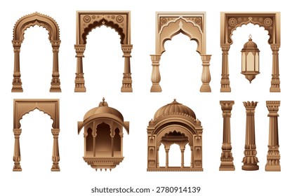 Decorative Indian-style arches, domes, pillars, and lanterns in detailed macrovector style inspired by traditional Mughal architecture.