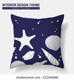 Decorative Indigo Sea Shell Throw Pillow design. Original Sea Shell pattern is complete, masked. Modern Interior design element. Creative Sofa Toss Pillow. Vector design template is layered, editable.