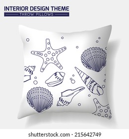 Decorative Indigo Sea Shell Throw Pillow design. Original Sea Shell pattern is complete, masked. Modern interior design element. Creative Sofa Toss Pillow. Vector design template is layered, editable.