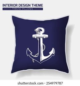 Decorative indigo & white nautical throw pillow design with hand drawn anchor & rope. Modern Interior design element. Creative Sofa Toss Pillow. Vector design template is layered, editable.