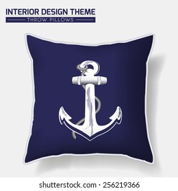 Decorative indigo & white nautical throw pillow design with hand drawn anchor & rope. Modern Interior design element. Creative Sofa Toss Pillow. Vector design template is layered, editable.