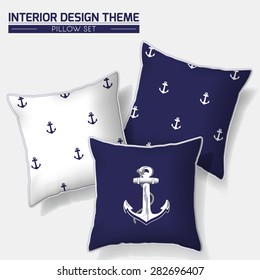 Decorative indigo & white nautical throw pillow set design with hand drawn anchor & rope. Modern Interior design element. Creative Sofa Toss Pillow. Vector design template is layered, editable.