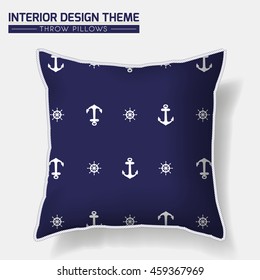 Decorative indigo & white nautical throw pillow vector design template with anchor & ship wheel pattern. Original pattern is complete masked. Modern Interior design element. Layered, editable.