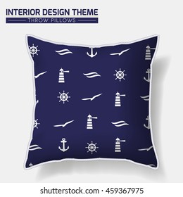 Decorative indigo & white nautical throw pillow vector design template with anchor, lighthouse, seagull & ship wheel. Original pattern is complete masked. Interior design element. Layered, editable.