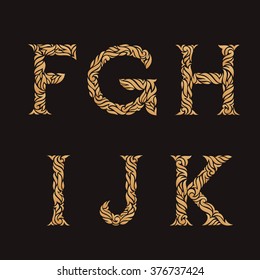 Decorative Initial F, G, H, I, J, K. Vector illustration of alphabet letters in caps. Ornate golden monograms.