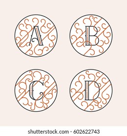 Decorative Initial Letters A, B, C, D. Luxury ornate monogram emblems in outline style. Vector illustration.