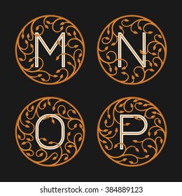 Decorative Initial Letters M, N,O, P. Luxury ornate monogram emblems. Vector illustration.