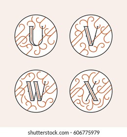 Decorative Initial Letters U, V, W, X. Luxury ornate monogram emblems in outline style. Vector illustration.