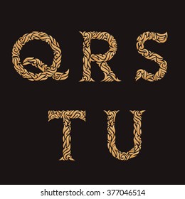 Decorative Initial Q, R, S, T, U. Vector illustration of alphabet letters in caps. Ornate golden monograms.