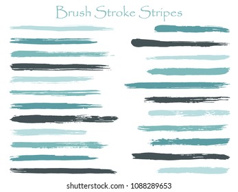 Decorative ink brush stroke stripes vector set, blue horizontal marker or paintbrush lines patch. Hand drawn watercolor paint brushes, smudge strokes collection. Vector ink color palette swatches.