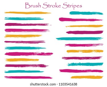 Decorative ink brush stroke stripes vector set, cyan magenta marker or paintbrush lines patch. Hand drawn watercolor paint brushes, smudge strokes collection. Interior colors guide book elements.