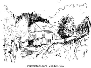 Decorative ink drawing of an old house, black and white vector illustration.