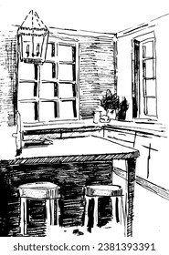 A decorative ink drawing of a room, vector illustration black and white.