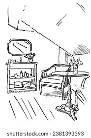 Dibujo decorativo de tinta de una habitación, ilustración vectorial en blanco y negro.