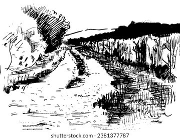 Decorative ink drawing of rural wheat field, black and white vector illustration.