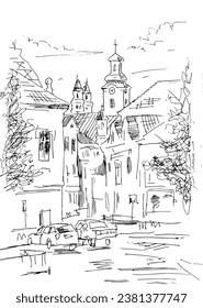 A decorative ink drawing of a street, vector illustration black and white.