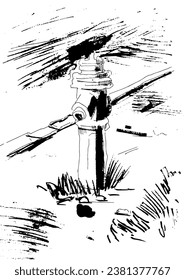 A decorative ink drawing of a street, vector illustration black and white.