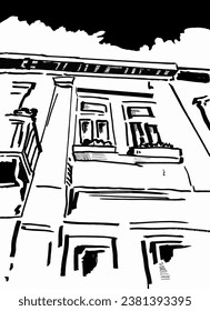 Dibujo decorativo de tinta de una calle, ilustración vectorial de blanco y negro.