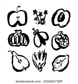 A decorative ink illustration set with flowers and fruit in a simplistic, black-and-white hand-drawn style. The spontaneous lines and naive design create an innocent and artistic appeal.