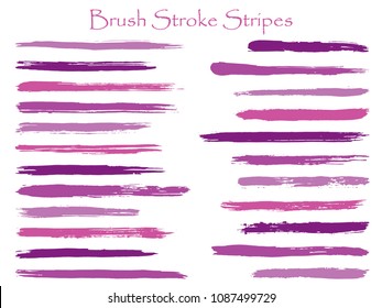 Decorative ink purple brush stroke stripes vector set, horizontal marker or paintbrush lines patch. Hand drawn watercolor paint brushes, smudge strokes collection. Interior paint color palette samples