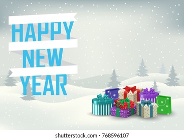 Decorative inscription of a happy new year with gifts on the background of snowy hills and firs. Vector illustration.